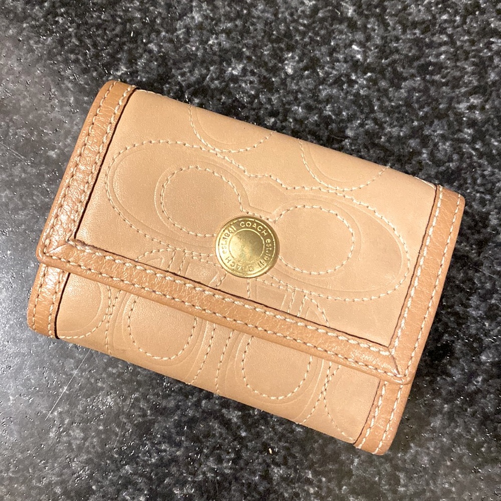 COACH mini wallet. All leather with large C stitching and gold snap closure.